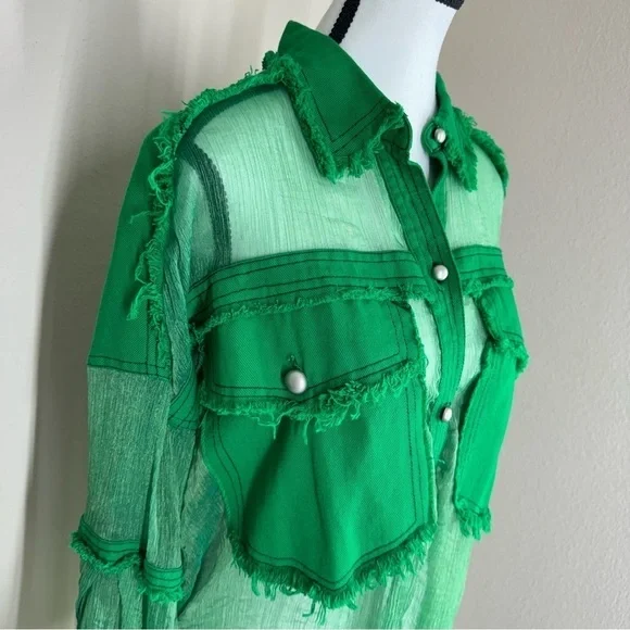 TOV Los Angeles Green Sheer Button-Down Shirt with Frayed Detailing Pockets M - Picture 3 of 9